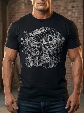 Black Chevy LS V8 Engine Blueprint Graphic T-Shirt – Size XL
